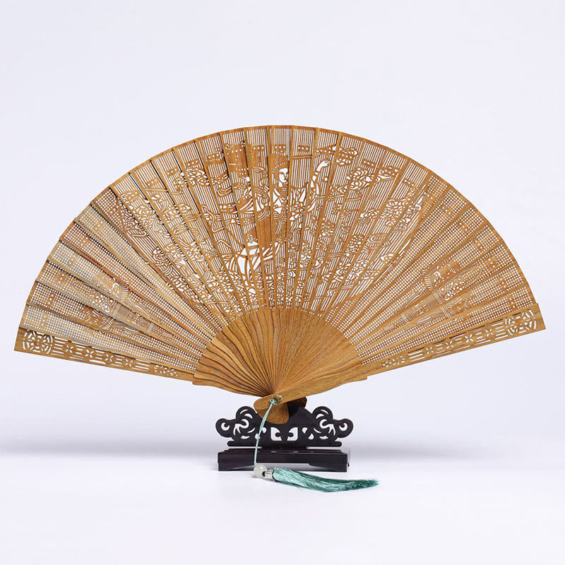 Nimara Ritual Auspicious Clouds Crane Peacock Chang'e Moon Engraved Pattern Handheld Green Sandalwood Folding Fan