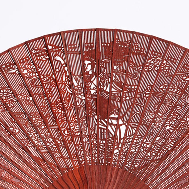 Nimara Ritual Crane Peacock Chang'e Moon Engraved Pattern Handheld Small Leaf Red Sandalwood Folding Fan