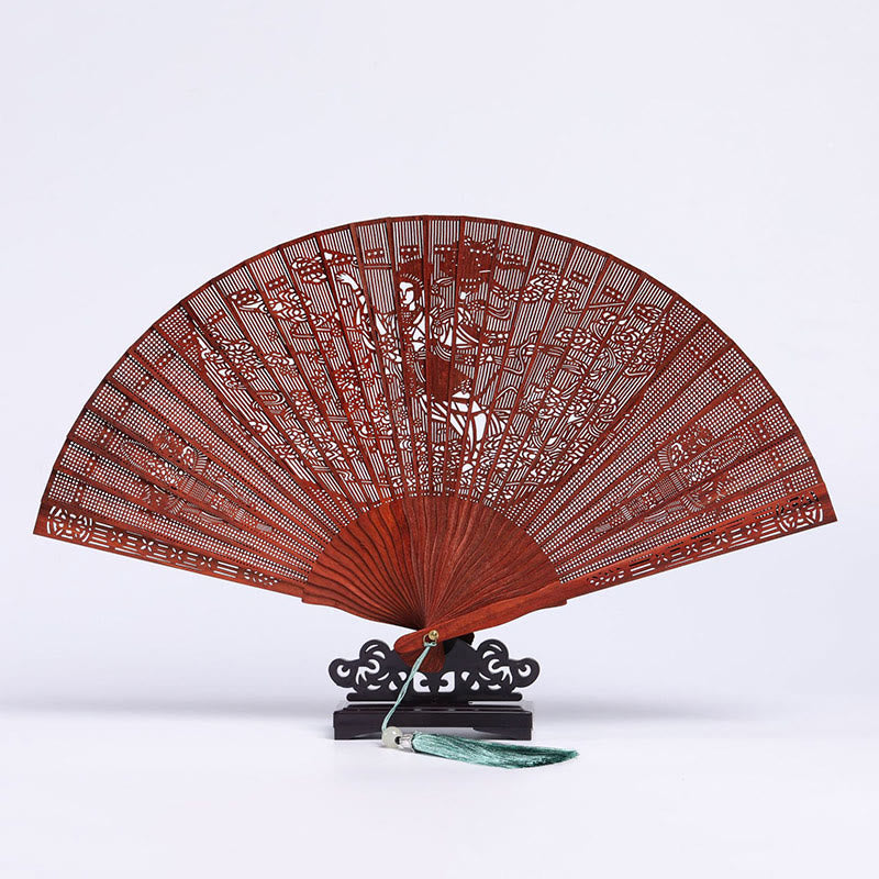 Nimara Ritual Crane Peacock Chang'e Moon Engraved Pattern Handheld Small Leaf Red Sandalwood Folding Fan