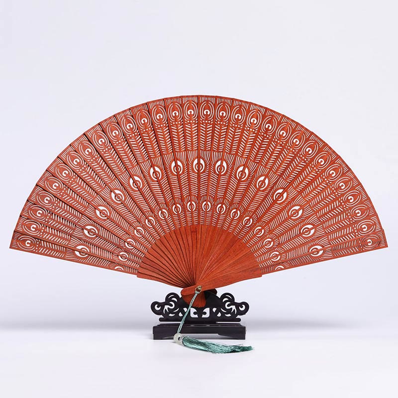 Nimara Ritual Crane Peacock Chang'e Moon Engraved Pattern Handheld Small Leaf Red Sandalwood Folding Fan