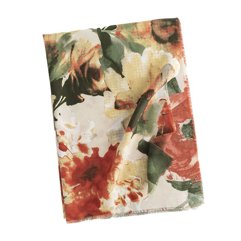 Nimara Ritual Tibetan Chinese Retro Ink Painting Flower Print Shawl Fall Winter Cozy Warm Scarf Wrap