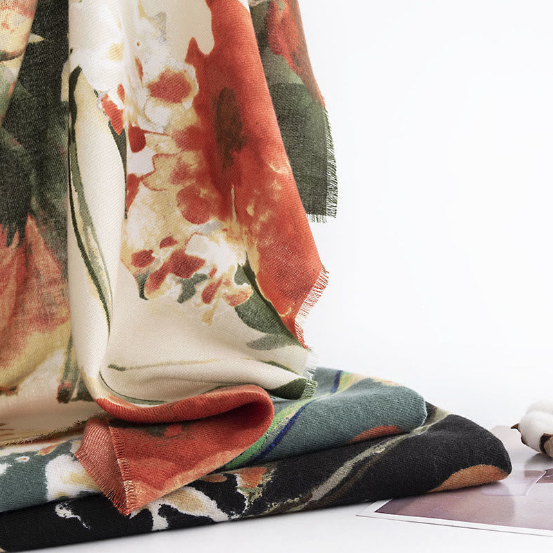 Nimara Ritual Tibetan Chinese Retro Ink Painting Flower Print Shawl Fall Winter Cozy Warm Scarf Wrap