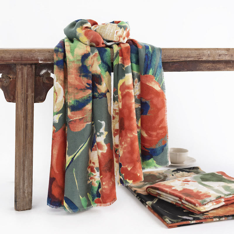 Nimara Ritual Tibetan Chinese Retro Ink Painting Flower Print Shawl Fall Winter Cozy Warm Scarf Wrap
