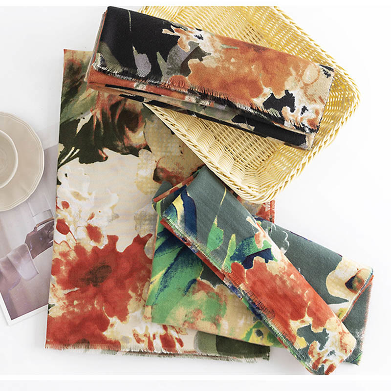 Nimara Ritual Tibetan Chinese Retro Ink Painting Flower Print Shawl Fall Winter Cozy Warm Scarf Wrap