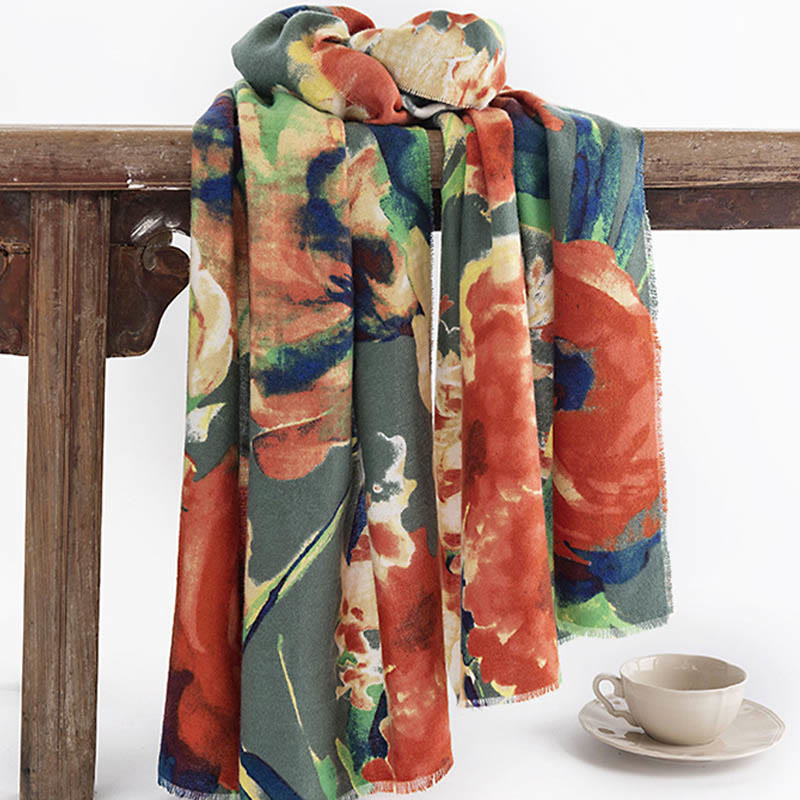 Nimara Ritual Tibetan Chinese Retro Ink Painting Flower Print Shawl Fall Winter Cozy Warm Scarf Wrap