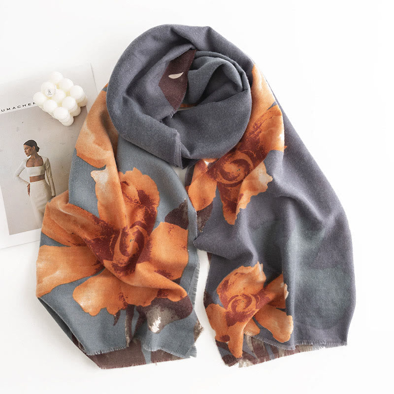 Nimara Ritual Tibetan Shawl Artistic Style Hibiscus Syriacus Print Fall Winter Cozy Warm Scarf Wrap