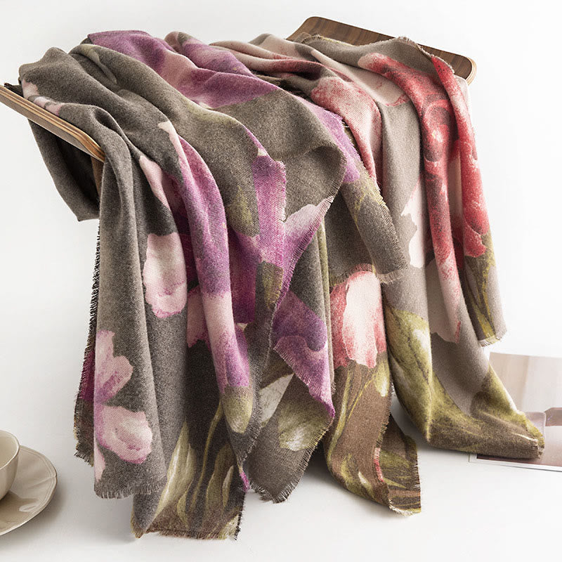 Nimara Ritual Tibetan Shawl Artistic Style Hibiscus Syriacus Print Fall Winter Cozy Warm Scarf Wrap