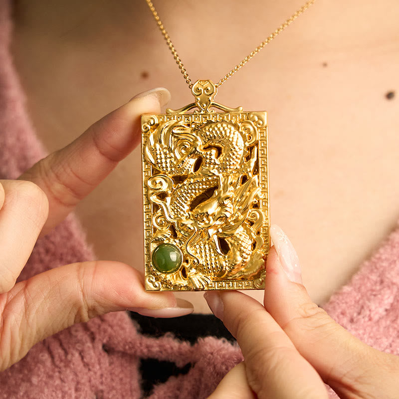 Nimara Ritual Dragon Gold Plated Copper Hetian Jade Strength Necklace Pendant