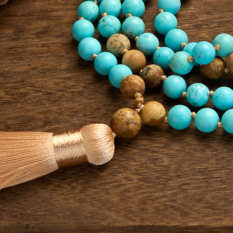 Nimara Ritual 108 Mala Beads Turquoise Picture Jasper Bead Tassel Balance Bracelet