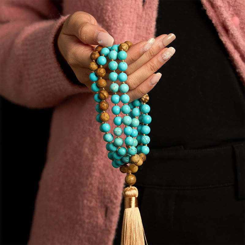 Nimara Ritual 108 Mala Beads Turquoise Picture Jasper Bead Tassel Balance Bracelet