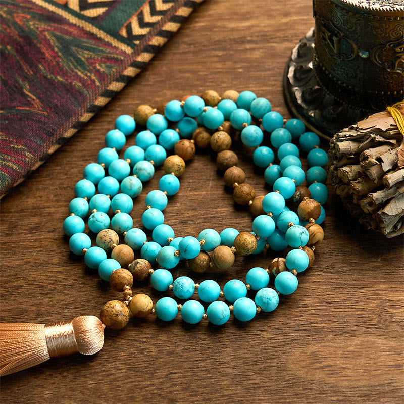 Nimara Ritual 108 Mala Beads Turquoise Picture Jasper Bead Tassel Balance Bracelet