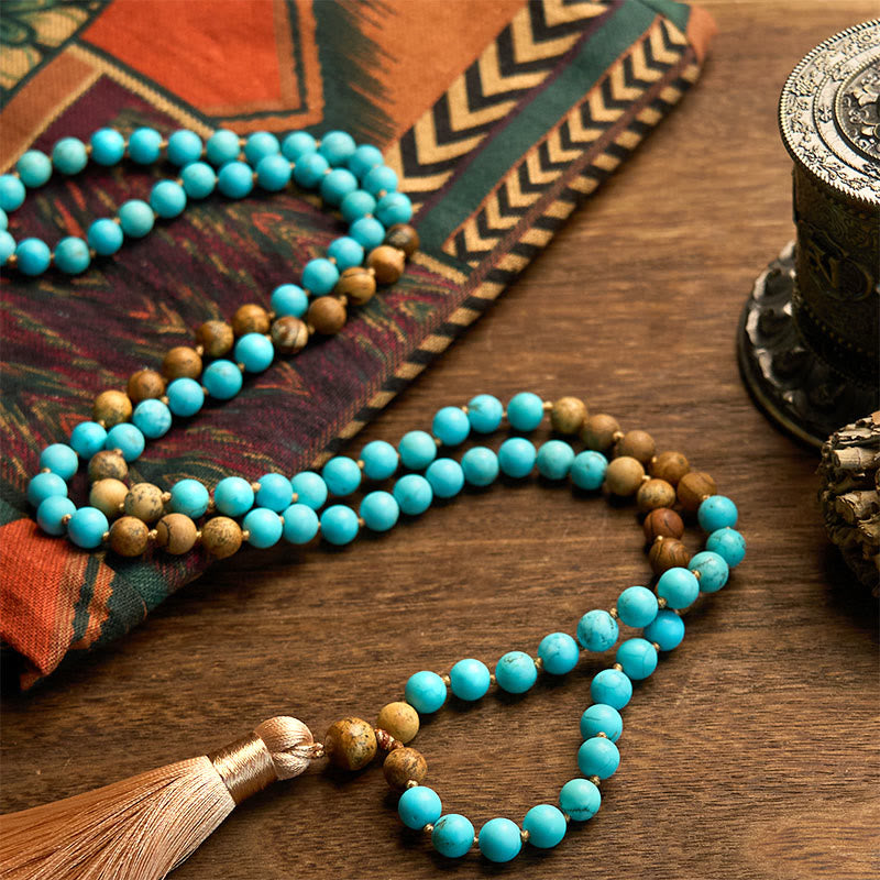 Nimara Ritual 108 Mala Beads Turquoise Picture Jasper Bead Tassel Balance Bracelet