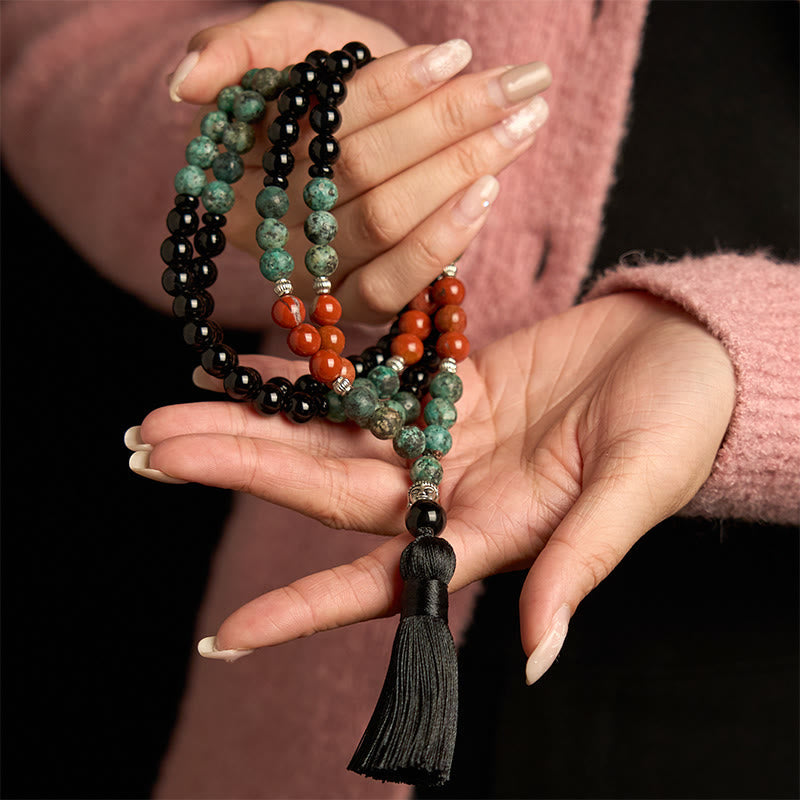 Nimara Ritual 108 Mala Natural Black Onyx Red Jasper Turquoise Beads Buddha Head Tassel Protection Bracelet