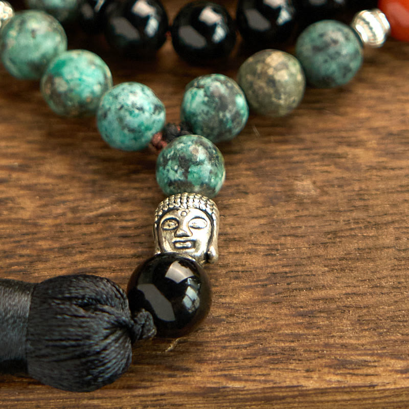Nimara Ritual 108 Mala Natural Black Onyx Red Jasper Turquoise Beads Buddha Head Tassel Protection Bracelet