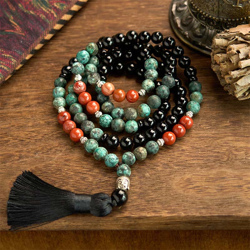 Nimara Ritual 108 Mala Natural Black Onyx Red Jasper Turquoise Beads Buddha Head Tassel Protection Bracelet