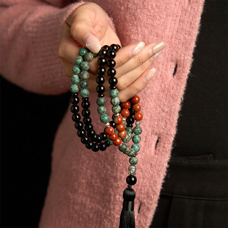 Nimara Ritual 108 Mala Natural Black Onyx Red Jasper Turquoise Beads Buddha Head Tassel Protection Bracelet