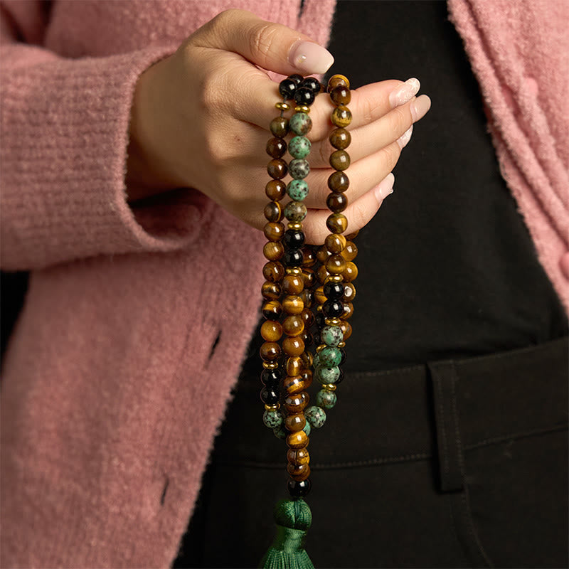 Nimara Ritual 108 Mala Natural Stone Tiger Eye Turquoise Beads Tassel Protection Bracelet