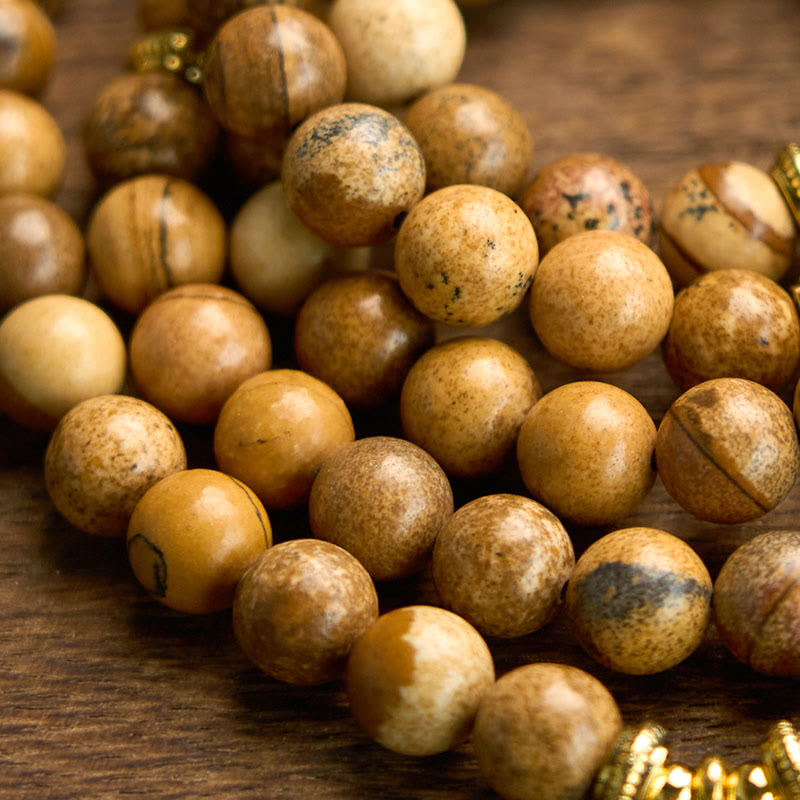 Nimara Ritual 108 Beads Picture Jasper Mala Lotus Courage Bracelet