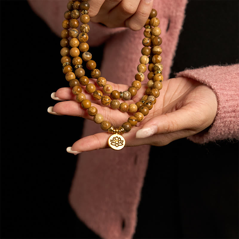 Nimara Ritual 108 Beads Picture Jasper Mala Lotus Courage Bracelet