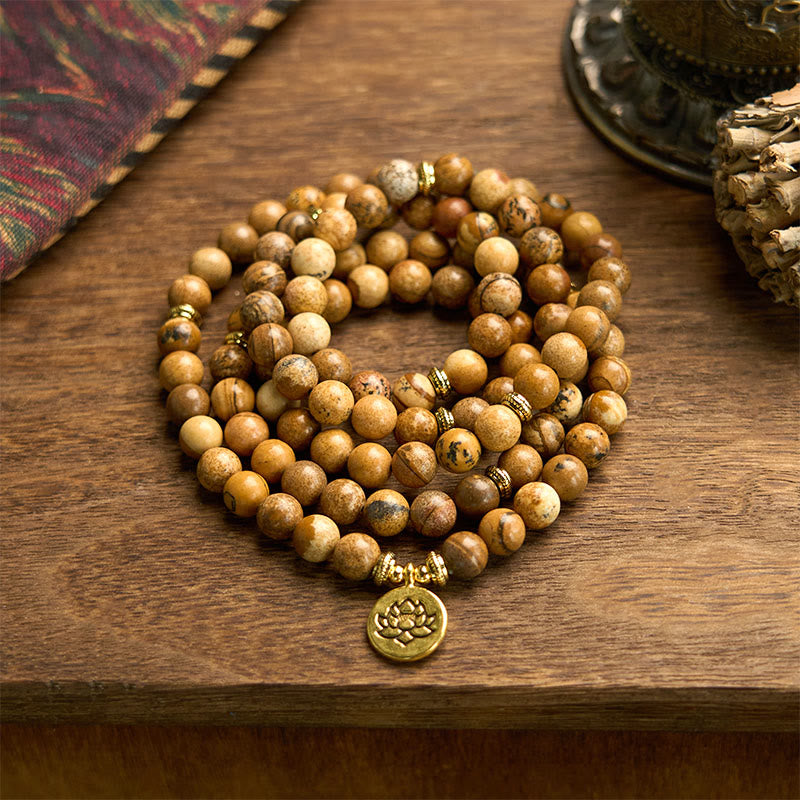 Nimara Ritual 108 Beads Picture Jasper Mala Lotus Courage Bracelet