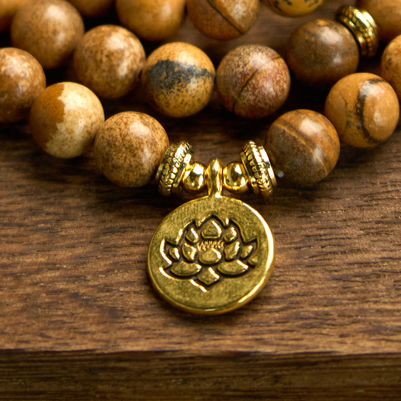 Nimara Ritual 108 Beads Picture Jasper Mala Lotus Courage Bracelet