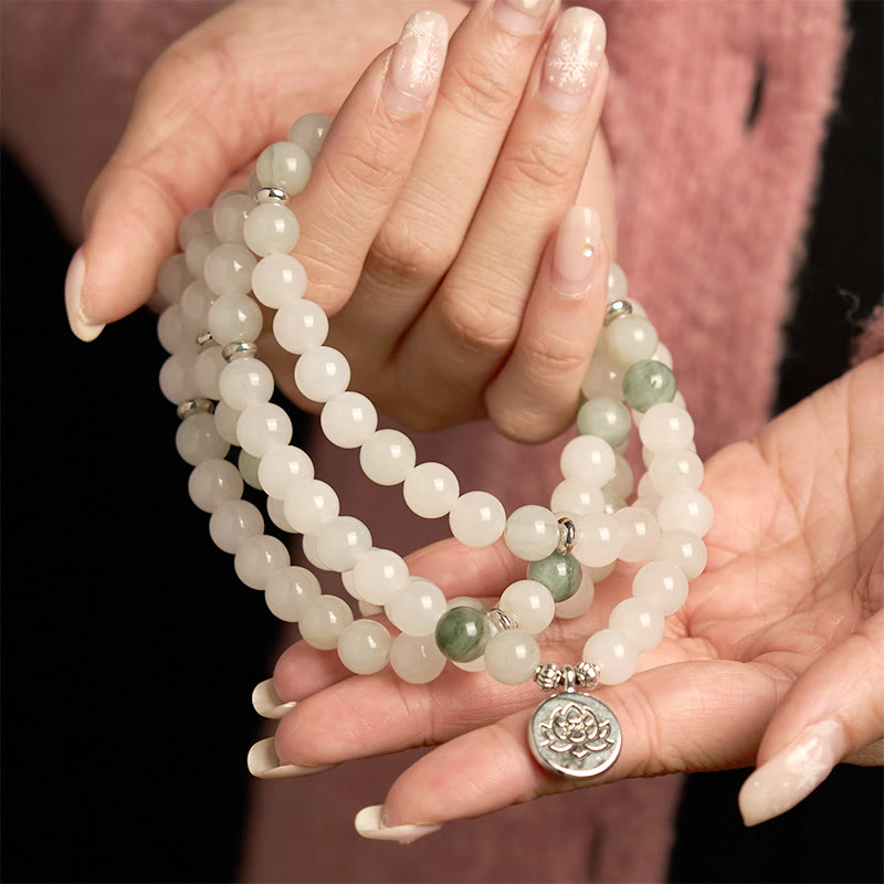 Nimara Ritual 108 Mala Beads Natural Tianshan Jade Lotus Luck Bracelet