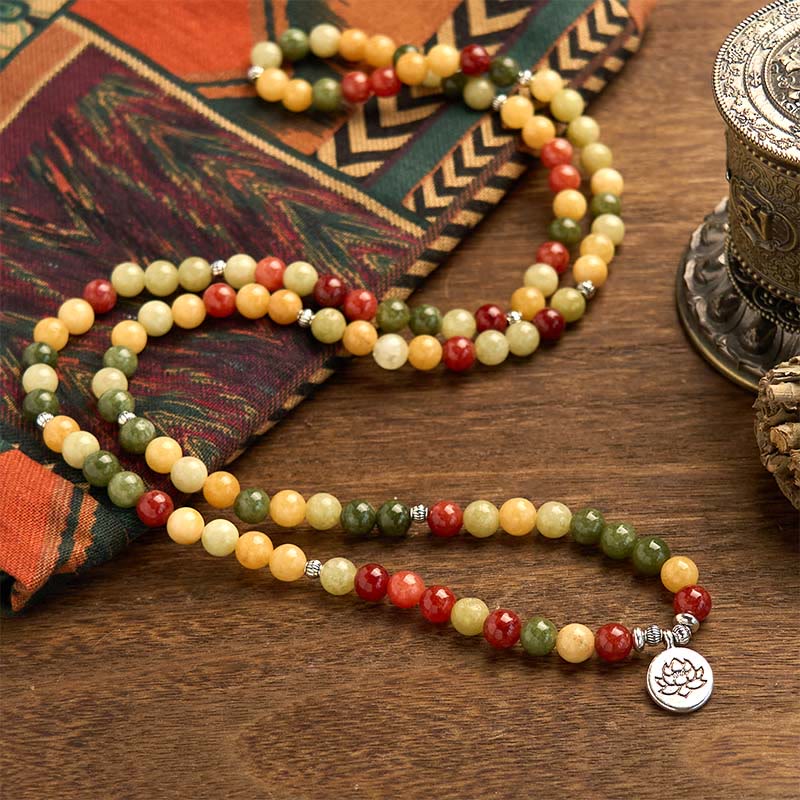 Nimara Ritual 108 Mala Beads Natural Colored Stone Topaz Red Jasper Green Jasper Lotus Protection Bracelet