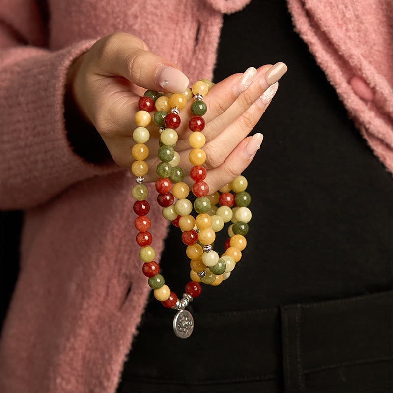 Nimara Ritual 108 Mala Beads Natural Colored Stone Topaz Red Jasper Green Jasper Lotus Protection Bracelet