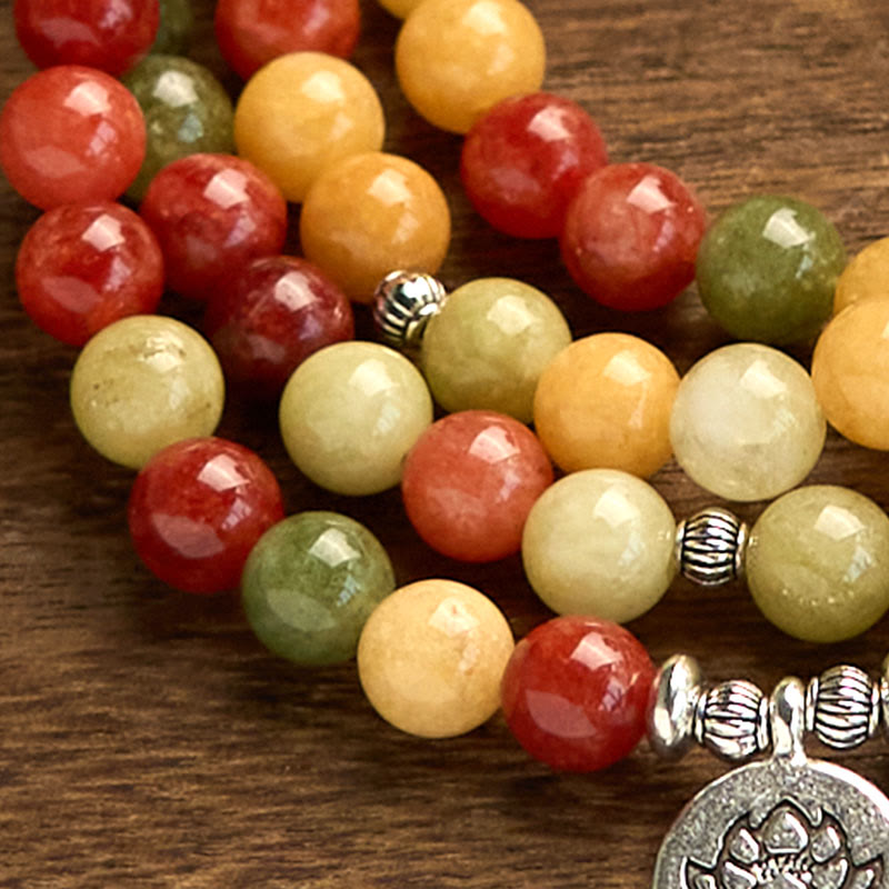 Nimara Ritual 108 Mala Beads Natural Colored Stone Topaz Red Jasper Green Jasper Lotus Protection Bracelet