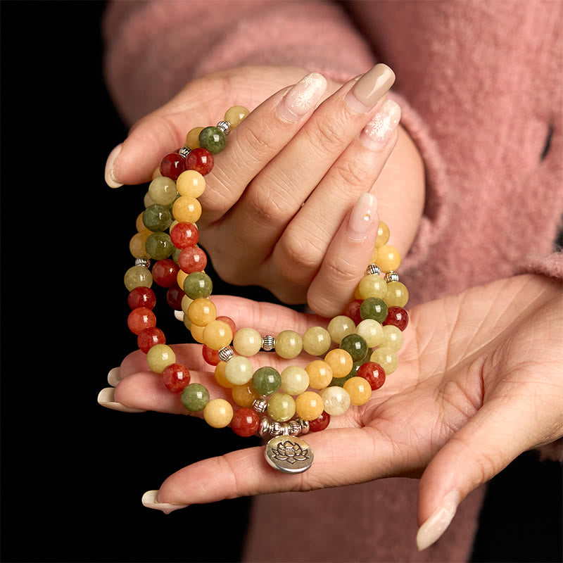 Nimara Ritual 108 Mala Beads Natural Colored Stone Topaz Red Jasper Green Jasper Lotus Protection Bracelet