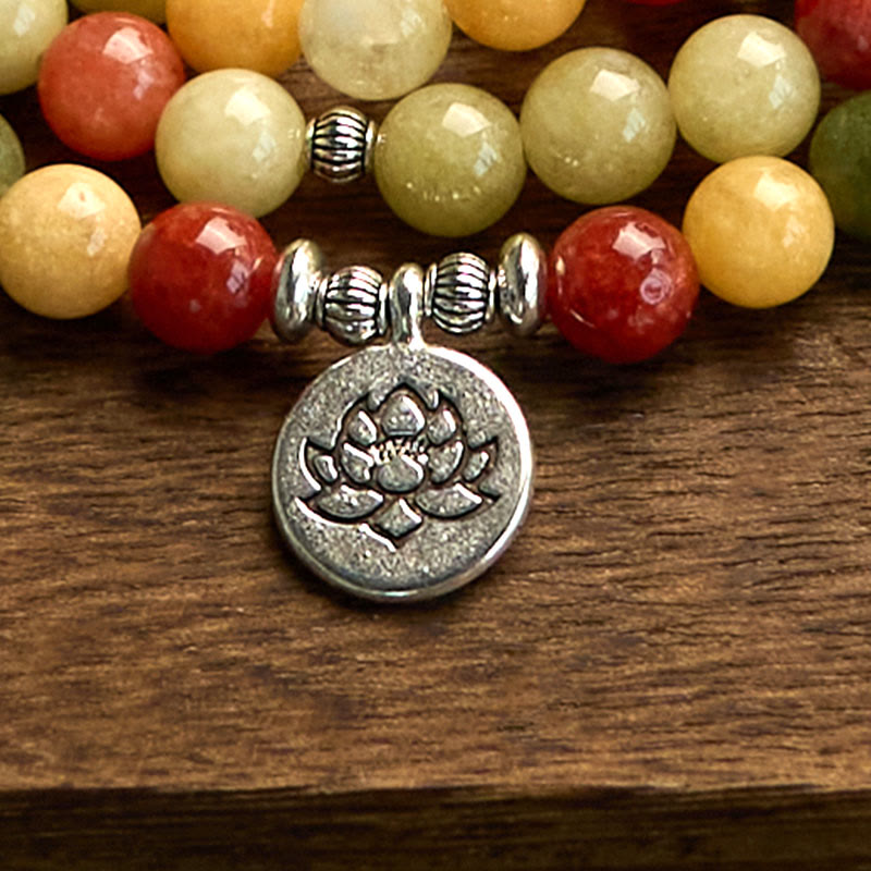 Nimara Ritual 108 Mala Beads Natural Colored Stone Topaz Red Jasper Green Jasper Lotus Protection Bracelet