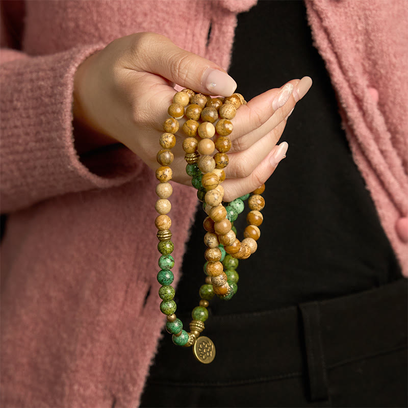 Nimara Ritual 108 Mala Beads Natural Stone Picture Jasper Turquoise Lotus Positive Bracelet