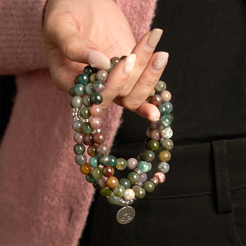 Nimara Ritual 108 Mala Beads Natural Stone Indian Agate Lotus Calm Bracelet