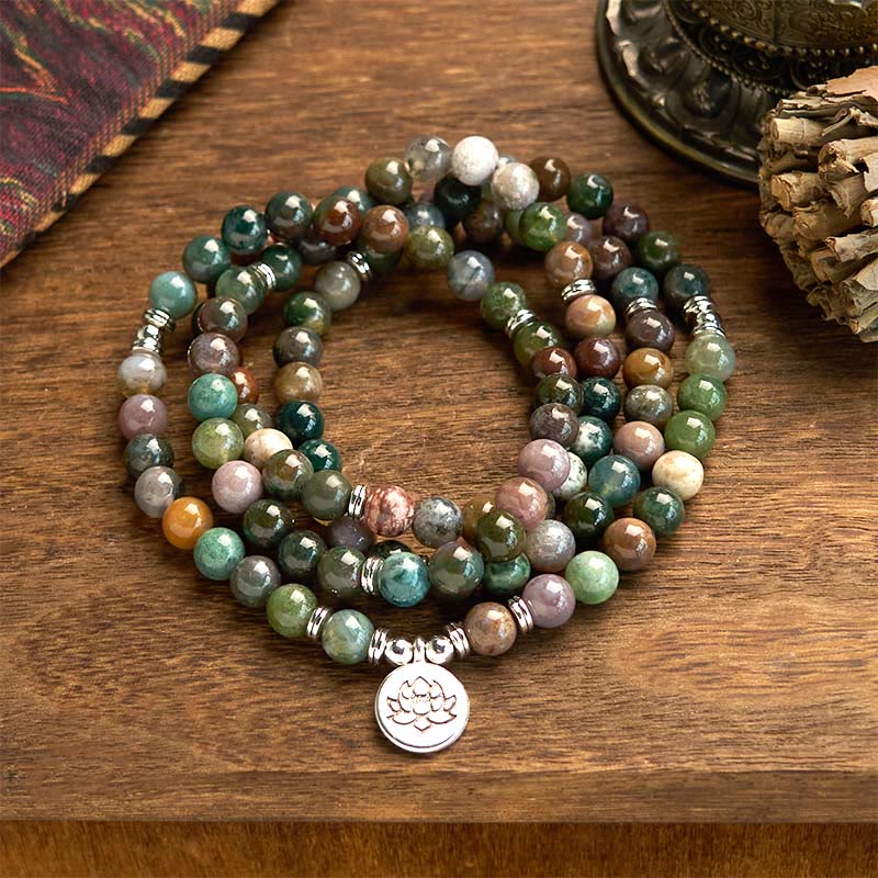 Nimara Ritual 108 Mala Beads Natural Stone Indian Agate Lotus Calm Bracelet