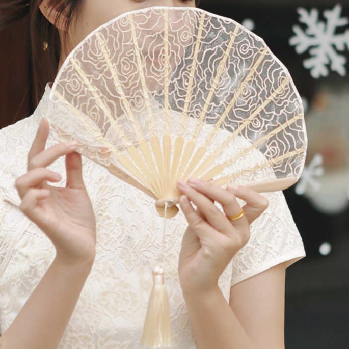 Nimara Ritual Rose Embroidery Lace Shell Shape Tassels Handheld Bamboo Folding Fan
