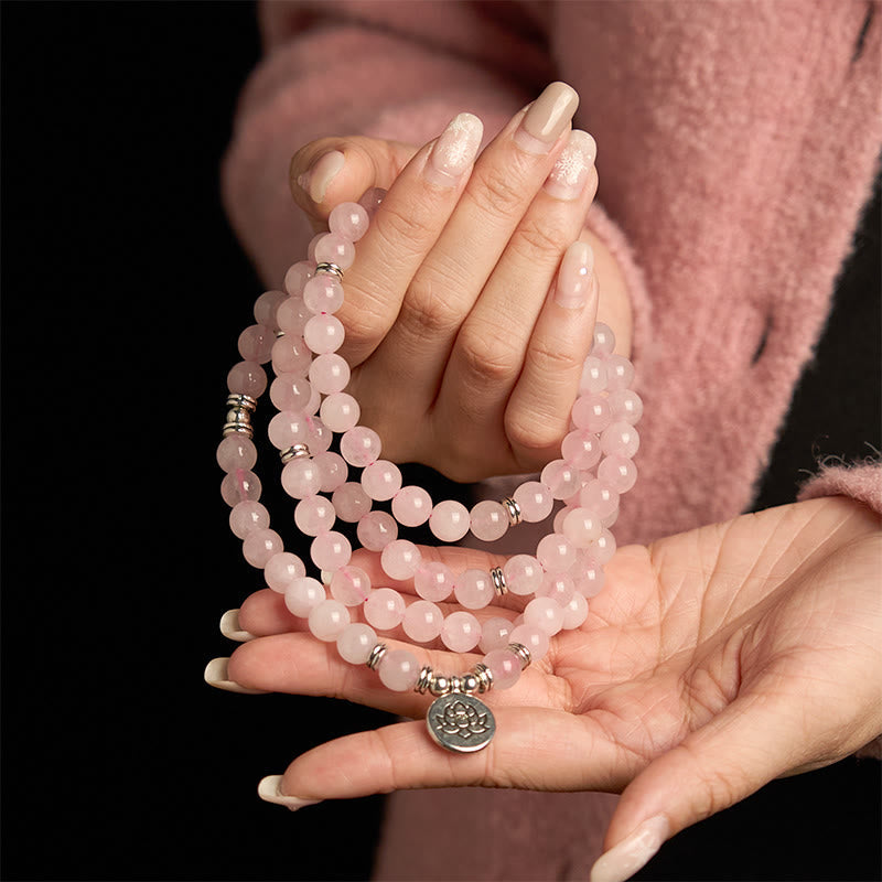 Nimara Ritual 108 Mala Beads Natural Stone Rose Quartz Lotus Peace Bracelet