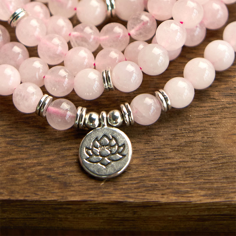 Nimara Ritual 108 Mala Beads Natural Stone Rose Quartz Lotus Peace Bracelet
