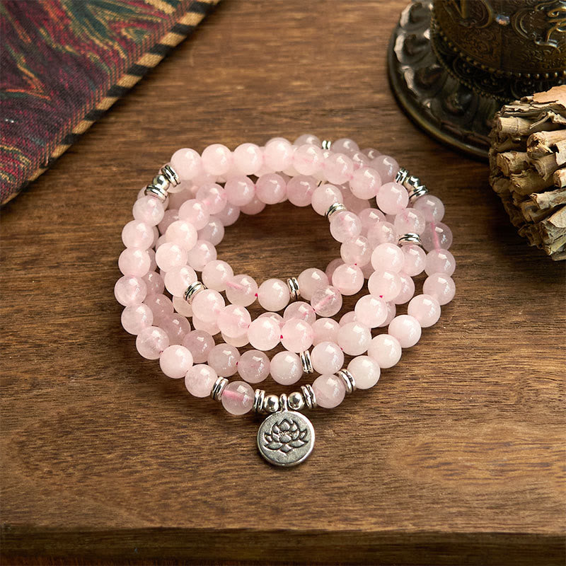 Nimara Ritual 108 Mala Beads Natural Stone Rose Quartz Lotus Peace Bracelet
