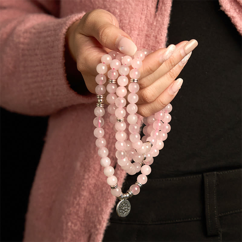 Nimara Ritual 108 Mala Beads Natural Stone Rose Quartz Lotus Peace Bracelet