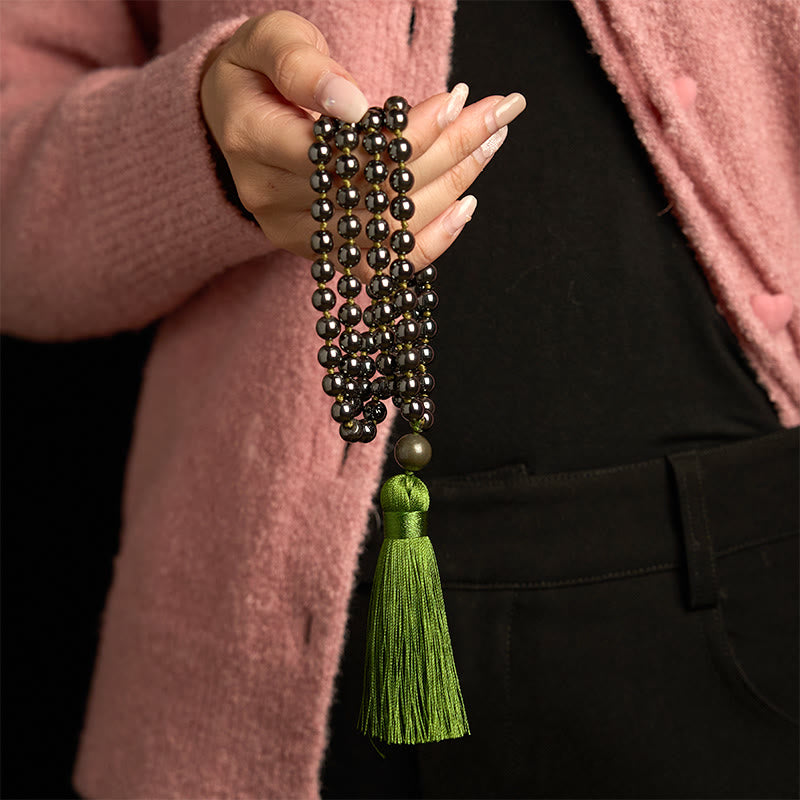 Nimara Ritual 108 Mala Beads Natural Stone Hematite Tassel Powerful Bracelet