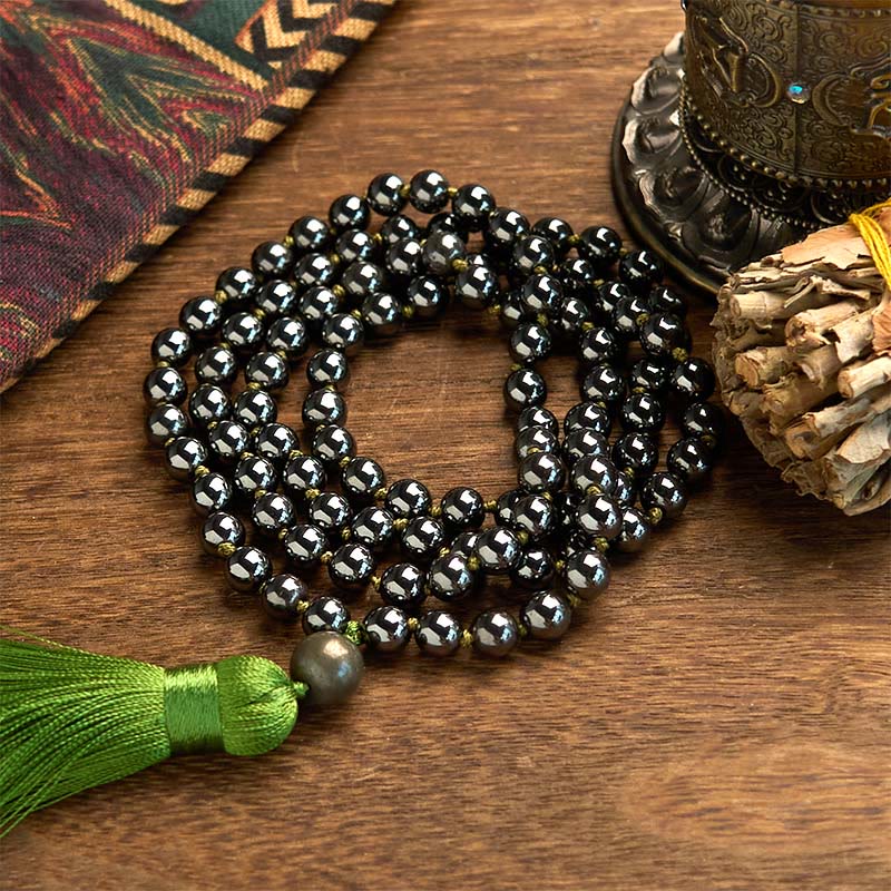 Nimara Ritual 108 Mala Beads Natural Stone Hematite Tassel Powerful Bracelet