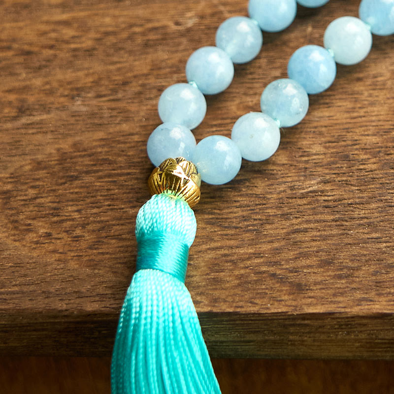 Nimara Ritual 108 Mala Beads Natural Stone Aquamarine Tassel Lotus Healing Bracelet