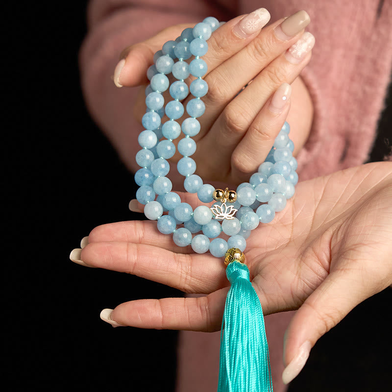 Nimara Ritual 108 Mala Beads Natural Stone Aquamarine Tassel Lotus Healing Bracelet