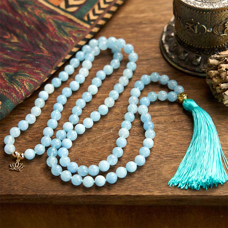 Nimara Ritual 108 Mala Beads Natural Stone Aquamarine Tassel Lotus Healing Bracelet