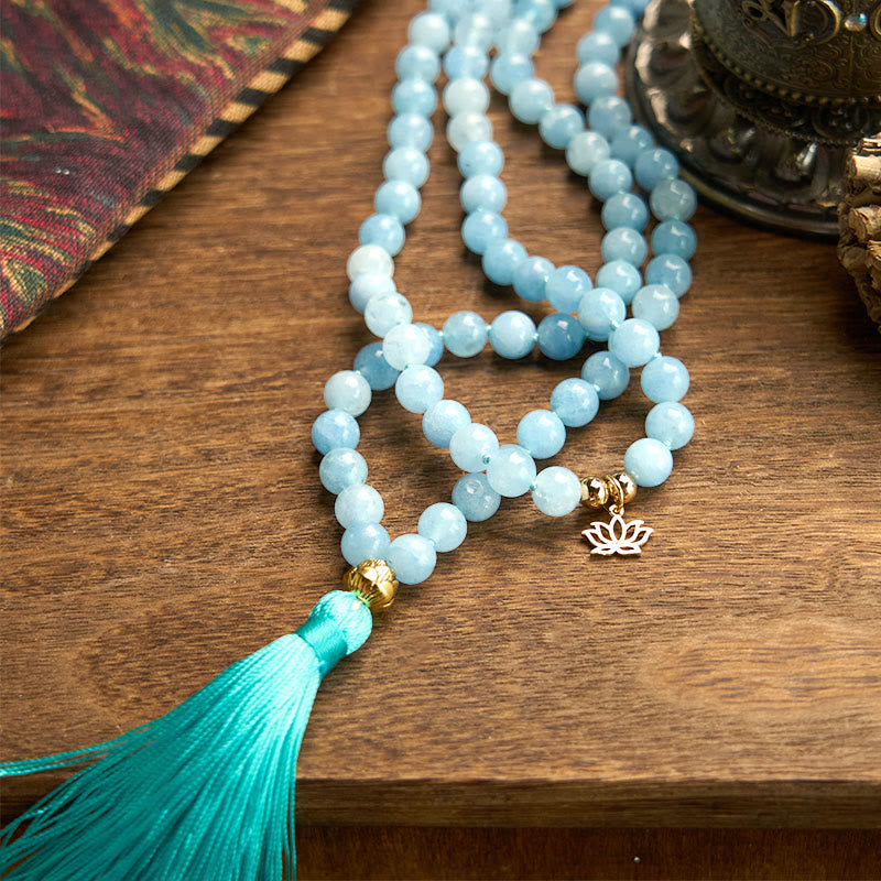 Nimara Ritual 108 Mala Beads Natural Stone Aquamarine Tassel Lotus Healing Bracelet