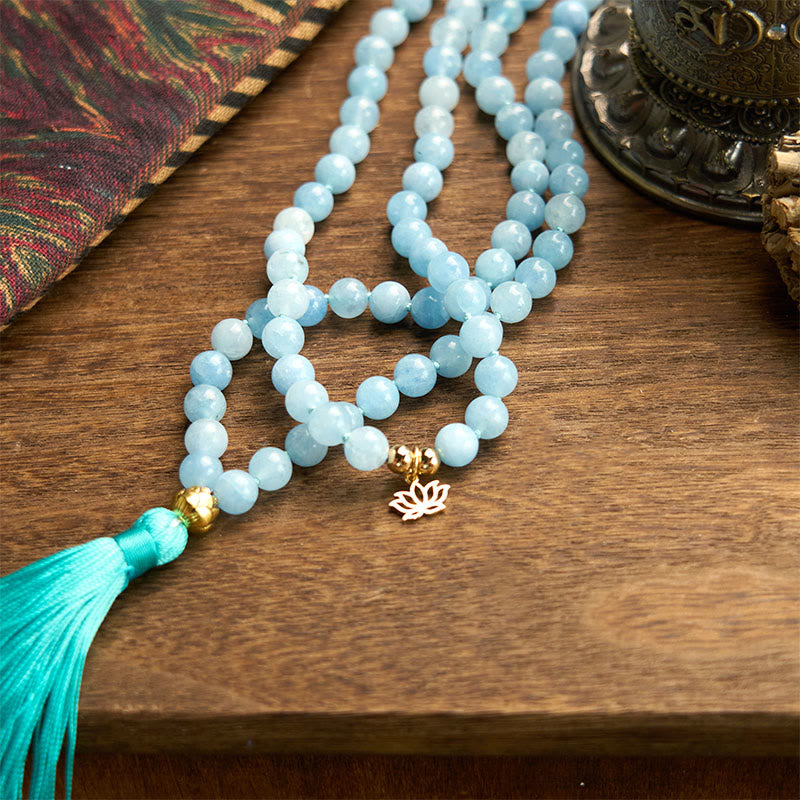 Nimara Ritual 108 Mala Beads Natural Stone Aquamarine Tassel Lotus Healing Bracelet