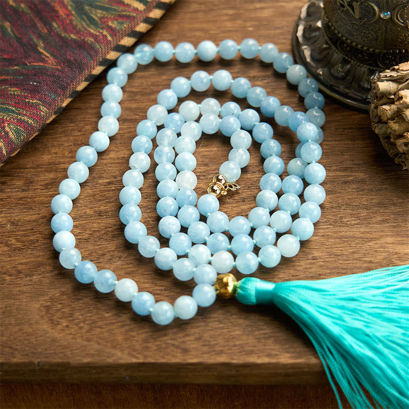 Nimara Ritual 108 Mala Beads Natural Stone Aquamarine Tassel Lotus Healing Bracelet