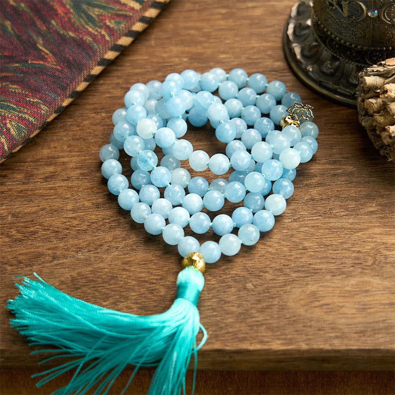 Nimara Ritual 108 Mala Beads Natural Stone Aquamarine Tassel Lotus Healing Bracelet