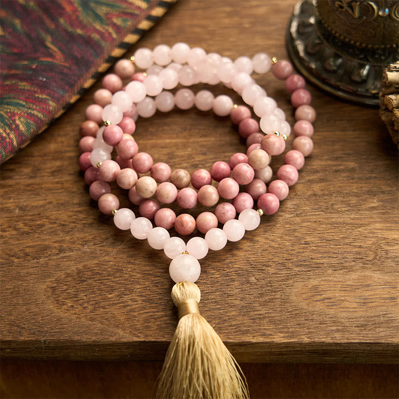 Nimara Ritual 108 Mala Beads Rhodonite Rose Quartz Tassel Healing Bracelet