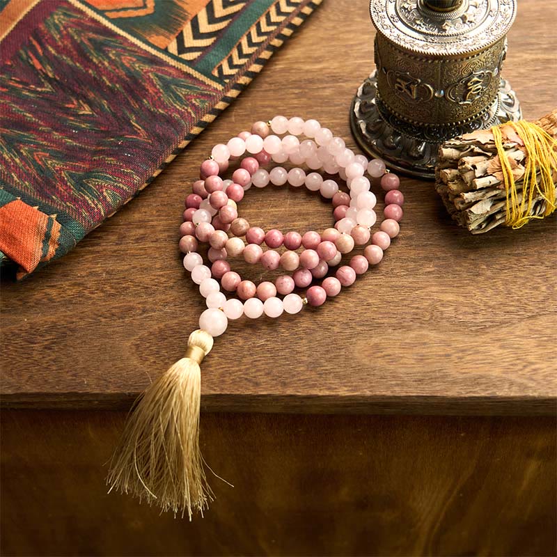 Nimara Ritual 108 Mala Beads Rhodonite Rose Quartz Tassel Healing Bracelet